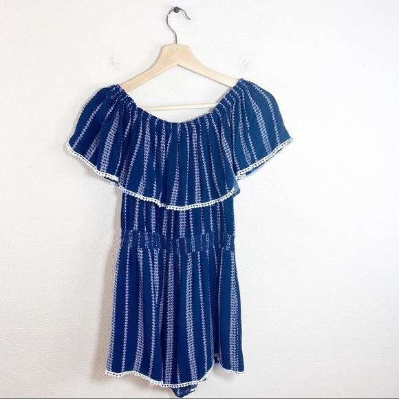Lulus Off the Shoulder Romper Blue Embroidered Size Large - Picture 4 of 8